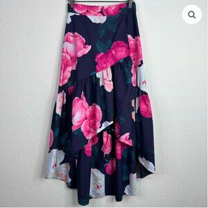 Floral High-Low Midi Skirt – Navy with Pink Roses (Size 4)